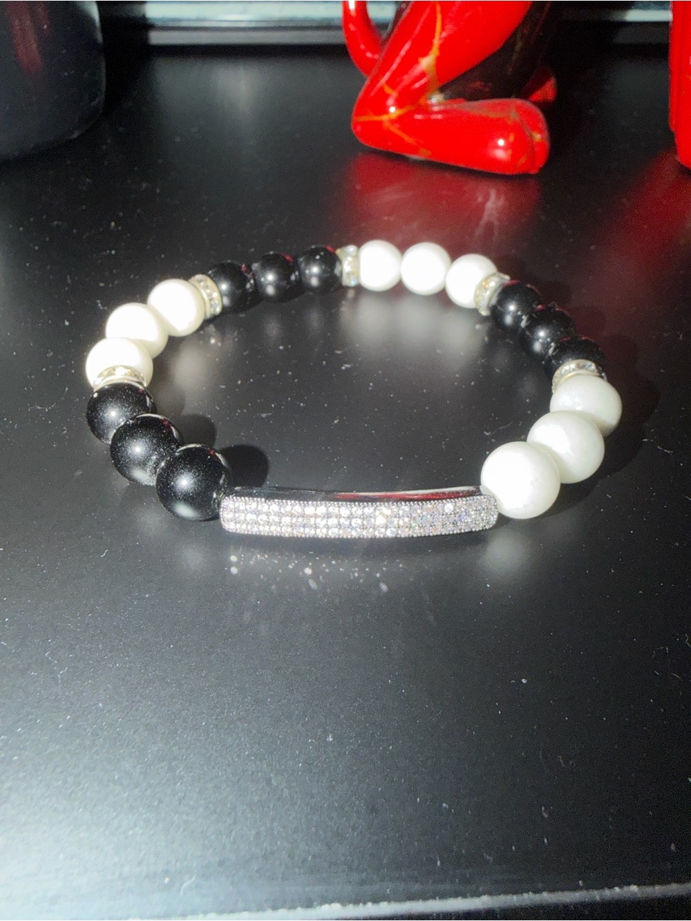 Authentic Onyx & White Quartz Beads 10 mm Beaded Bracelet /Rhinestone Accent